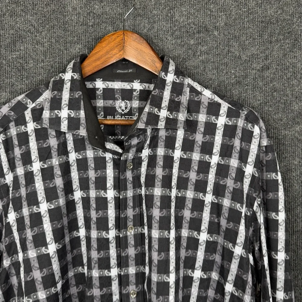 Bugatchi Uomo Shirt Mens XL Black Paisley Plaid Long Sleeve Button Up Stretch